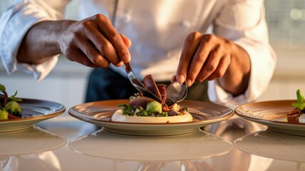 A chef delicately plates a gourmet dish, showcasing culinary artistry and precision.