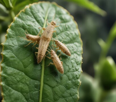 Close-up shot of western flower thrips on spice leaf, infestation, farming, garden, green