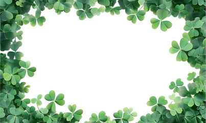 Green clover leaves forming a frame on a transparent background with copy space