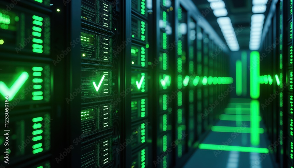 Poster futuristic data center shows tech servers with green checkmarks. successful operations visible. high