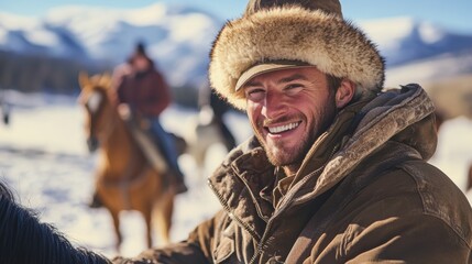 Obraz premium Cowboy smiling while riding horse in snowy mountainous landscape, showcasing outdoor adventure, winter activities, and rugged lifestyle in nature.