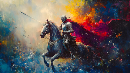 Fototapeta premium Artistic Style Painting of A Knight Riding on the Horse Aspect 16:9