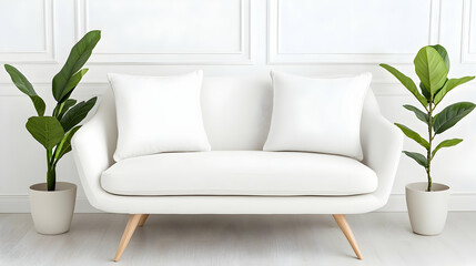 White couch, plants, minimalist room, interior design mockup