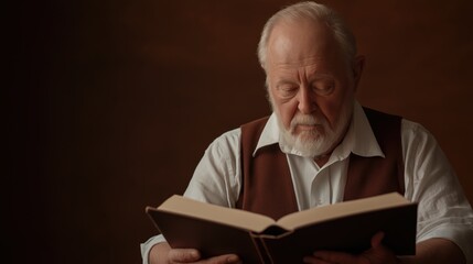 Elderly man reading a book in warm lighting for knowledge and relaxation