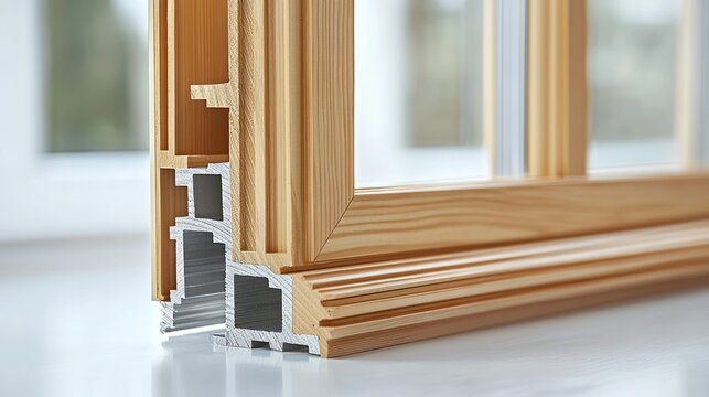 Wooden window frame corner section with aluminum reinforcement, indoor view, blurred background