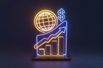 Global financial growth visualized with a rising bar graph, showcasing upward trend and international market expansion.