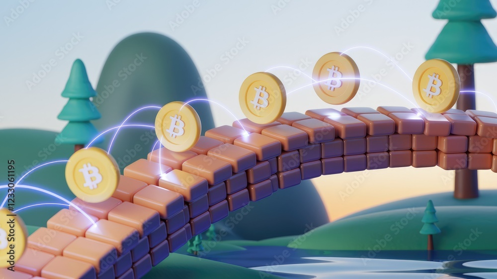 Poster bitcoin traversing a bridge symbolizes cryptocurrency's journey and growth.