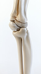 A realistic 3D model of a knee joint with emphasis on damaged areas, illustrating joint pain and discomfort, on a stark white background.