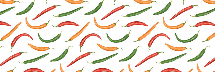 Pattern of Chili red, green and yellow pepper. Spicy capsaicin dish. Vector seamless background with hot vegetable.