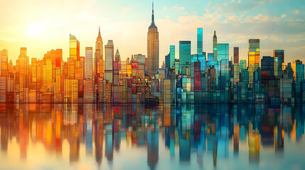 Obraz premium Stained Glass NYC Skyline with Sun - Urban Architecture Art Interpretation