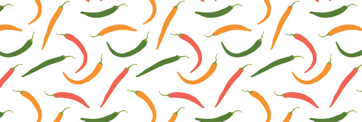 Pattern of Chili red, green and yellow pepper. Spicy capsaicin dish. Vector seamless background with hot vegetable.