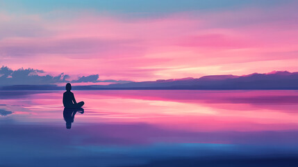 Fototapeta premium A silhouette of a person meditating in a peaceful environment, surrounded by calm water and a vibrant pink and blue sky, symbolizing tranquility, mindfulness, and inner peace.