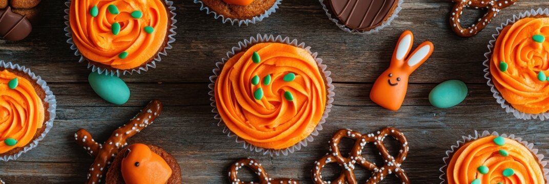 Festive pumpkin cupcakes and pretzels with marzipan rabbit on rustic wooden table
