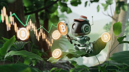 A retro robot analyzes Bitcoin's price fluctuations amidst lush foliage, suggesting cryptocurrency's growth in a natural, eco-friendly context.