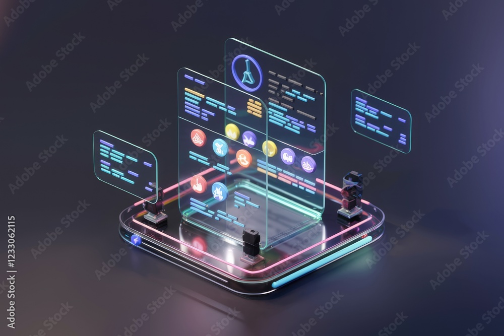 Poster Futuristic holographic interface displays data visualizations and icons, showcasing technological innovation.