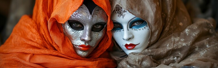 Obraz premium Two colorful Venetian masks with detailed feathers and costumes, set against an iconic historic Venetian backdrop.