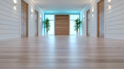 Obraz premium Modern hallway, wood floor, light blue walls, plants, doors, interior design, home staging
