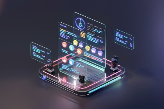 Futuristic holographic interface displays data visualizations and icons, showcasing technological innovation.