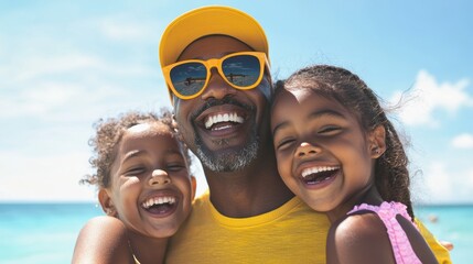 Obraz premium Family bonding at the beach with a joyful grandfather and two granddaughters, showcasing love, laughter, and summer memories under a clear blue sky.