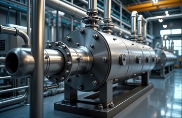 Fototapeta premium Industrial process heat exchanger in factory. Stainless steel pipeline carrying chemicals part of larger processing system. Modern industrial equipment, pipes featured. Metal parts neatly assembled