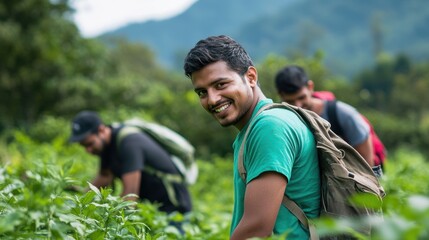 Naklejka premium Farmers harvesting crops in lush greenery, sustainable agriculture practice and teamwork in rural landscape, outdoor labor and community engagement in nature.