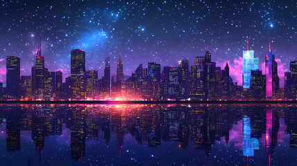 Skyline with skyscrapers reflecting the city energy under a starry sky. Starry Haven. Illustration
