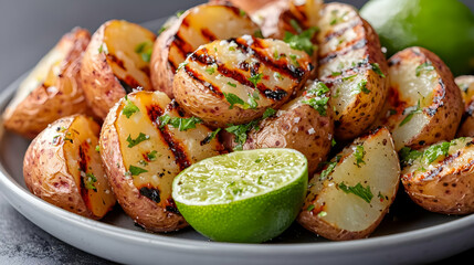 Grilled potato wedges with lime, cilantro, food photography