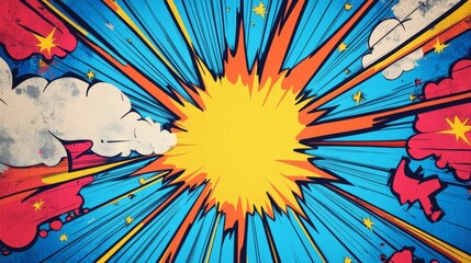 Colorful comic design with an explosion effect and starbursts. The bold and graphic design is perfect for printing. The blue backdrop adds a cool and eye-catching finish.