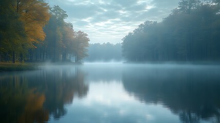 Fototapeta premium Misty autumn lake reflection, forest dawn, serene nature