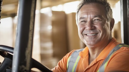 Forklift operator smiling in warehouse, managing inventory and logistics, showcasing safety measures and efficiency in material handling and transportation.