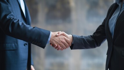 Two businesspeople shaking hands, symbolizing partnership, agreement, and collaboration.