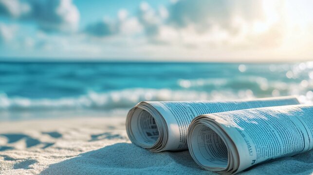Rolled Newspapers Resting on a Sandy Beach
