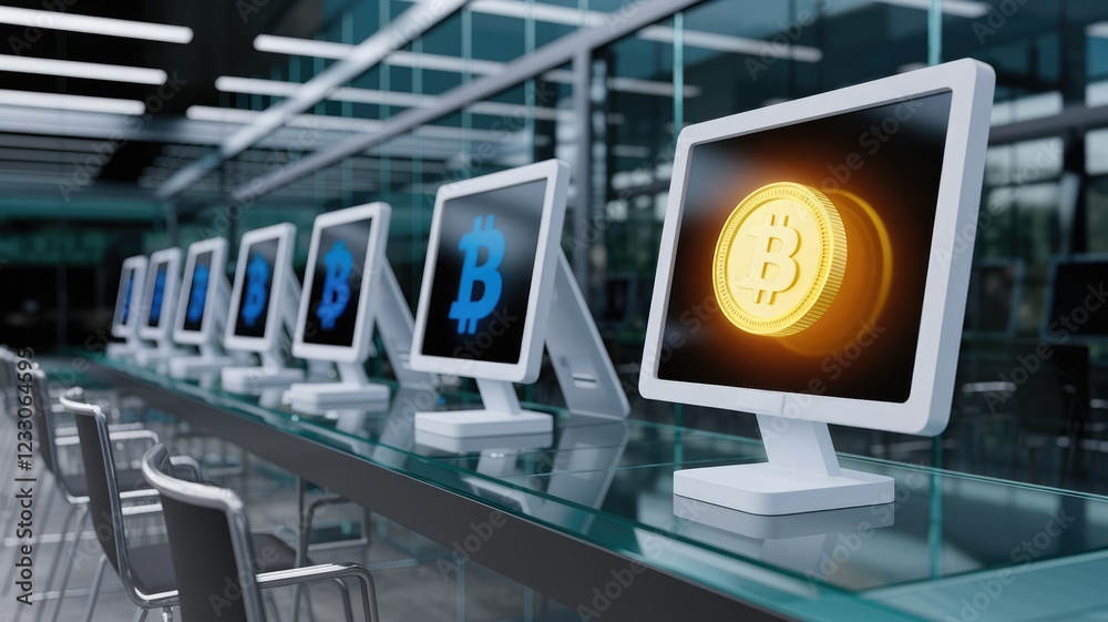 Aufkleber a row of computers displays bitcoin symbols, highlighting the cryptocurrency's digital presence.