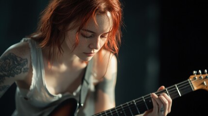 Obraz premium woman with red hair playing electric guitar