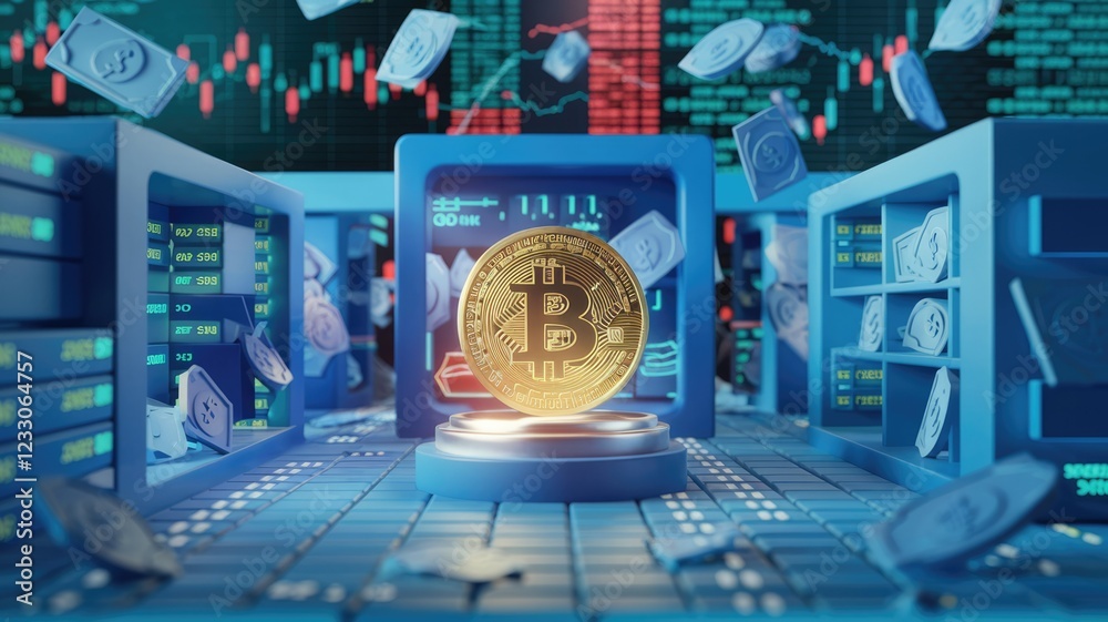 Poster A golden Bitcoin coin sits on a pedestal in a futuristic server room, surrounded by digital currency transactions and data streams.