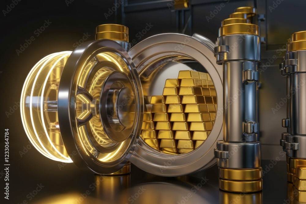 Poster a futuristic vault door ajar, revealing a stack of gleaming gold bars, symbolizing wealth and securi