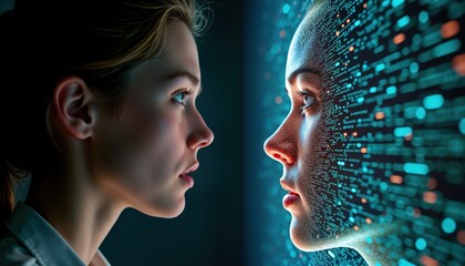 Two faces in profile view. One real human face, AI generated face with code overlay. Real face appears concerned questioning digital one shows complex tech. Illustration highlights dangers,