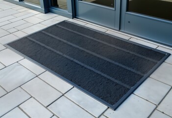 Industrial entrance mat placed on white tiled floor in front of blue door. Grey mat with metal frame prevents dirt, debris from entering. Modern design for commercial industrial building. Entryway