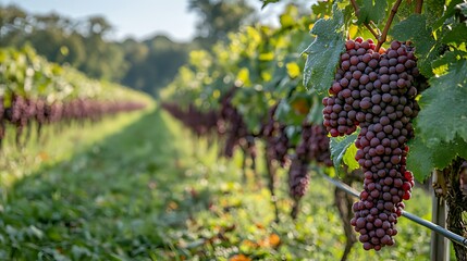 Vineyard Red Grapes Harvest Autumn Sunlight Rows