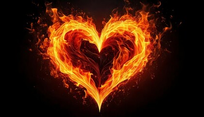A heart made of realistic flames, glowing intensely with orange and yellow fire