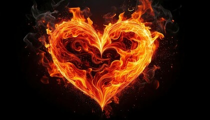 A heart made of realistic flames, glowing intensely with orange and yellow fire