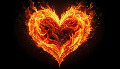 A heart made of realistic flames, glowing intensely with orange and yellow fire