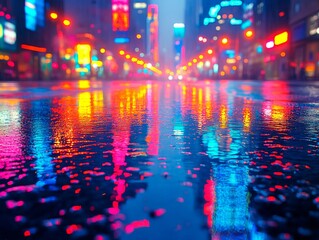 Naklejka premium futuristic urban street at night, illuminated by vibrant neon lights reflecting on the wet pavement, with blurred silhouettes of buildings and glowing signs in blue, red, pink, and orange hues