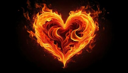 A heart made of realistic flames, glowing intensely with orange and yellow fire