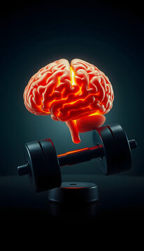 Human brain lifting a heavy dumbbell. Brain activation/strong human brain power concept mind memory health, Backlit, with white tones