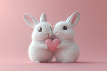 Fototapeta premium two adorable white bunnies holding a pink heart shaped object. Their fluffy fur and sweet expressions exude love and affection. The pink background enhances the cuteness and innocence of the image. 