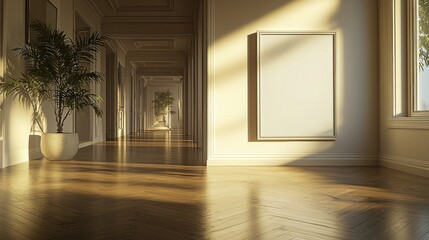 Obraz premium Blank canvas in sunlit classic hallway with plants