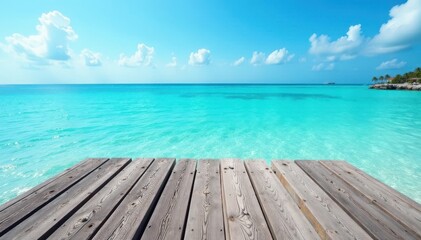 Fototapeta premium Rustic gray pier planks overlooking tranquil azure sea under bright summer sky , seascape, relaxing
