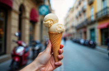 Woman holds ice cream cone in hand. Delicious vanilla ice cream scoops in waffle cone. City street background with blurred buildings and motorbikes. Summer day. Sweet treat. Perfect summer snack.