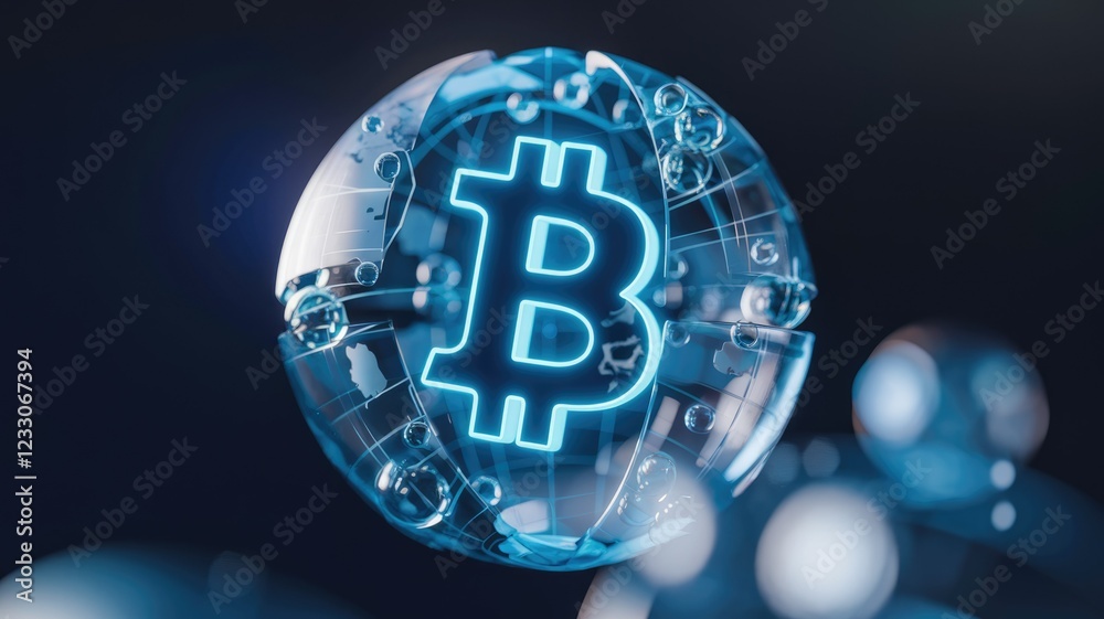 Poster bitcoin symbol glowing inside a transparent global sphere, symbolizing its worldwide reach and digit